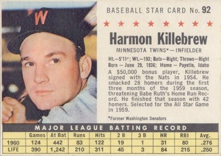 1961 Post Cereal Harmon Killebrew #92 Baseball Card