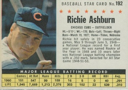 1961 Post Cereal Richie Ashburn #192 Baseball Card