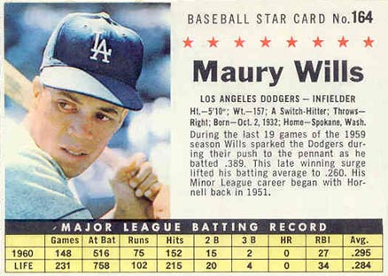1961 Post Cereal Maury Wills #164 Baseball Card