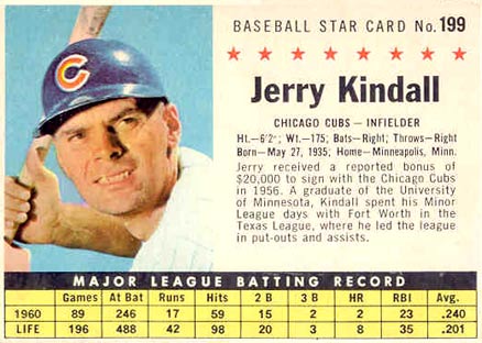 1961 Post Cereal Jerry Kindall #199 Baseball Card