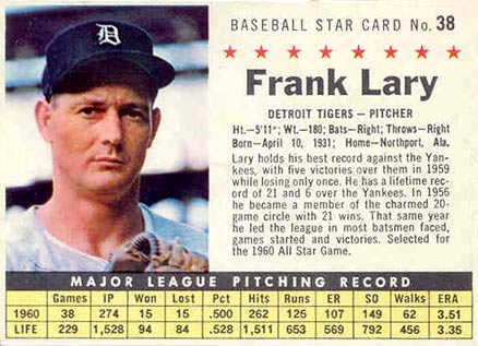 1961 Post Cereal Frank Lary #38 Baseball Card