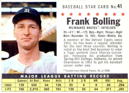 1961 Post Cereal Frank Bolling #41 Baseball Card