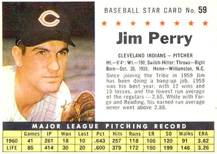 1961 Post Cereal Jim Perry #59 Baseball Card