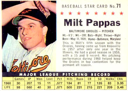 1961 Post Cereal Milt Pappas #71 Baseball Card