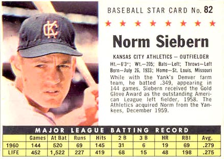 1961 Post Cereal Norm Siebern #82 Baseball Card