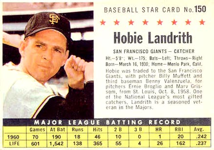 1961 Post Cereal Hobie Landrith #150 Baseball Card