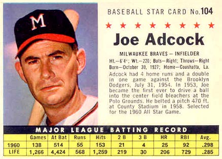 1961 Post Cereal Joe Adcock #104 Baseball Card