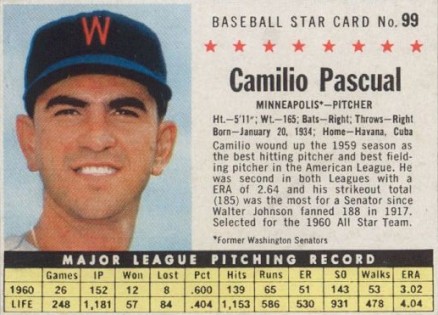 1961 Post Cereal Camilio Pascual #99 Baseball Card