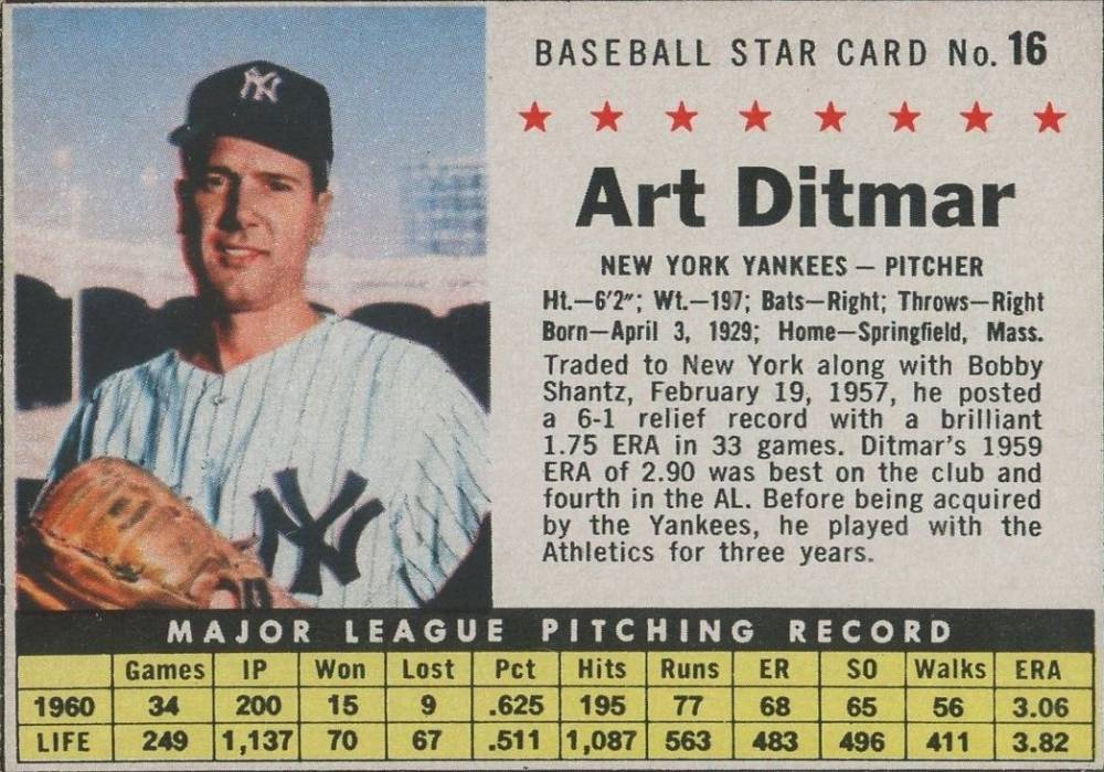 1961 Post Cereal Art Ditmar #16 Baseball Card