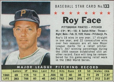 1961 Post Cereal Roy Face #133 Baseball Card