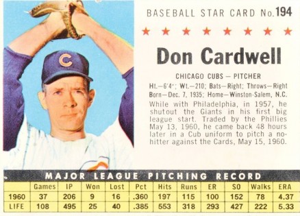 1961 Post Cereal Don Cardwell #194 Baseball Card