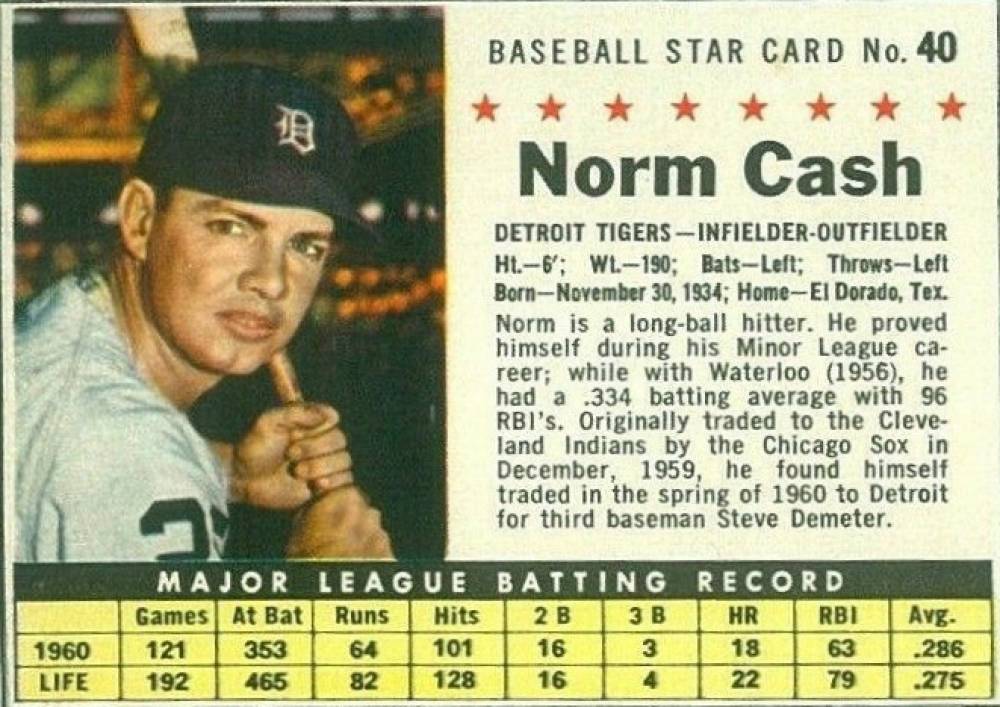 1961 Post Cereal Norm Cash #40 Baseball Card