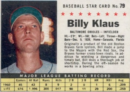 1961 Post Cereal Billy Klaus #79 Baseball Card