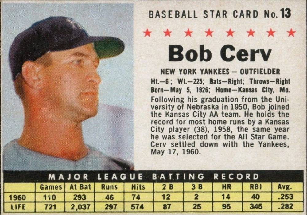 1961 Post Cereal Bob Cerv #13 Baseball Card