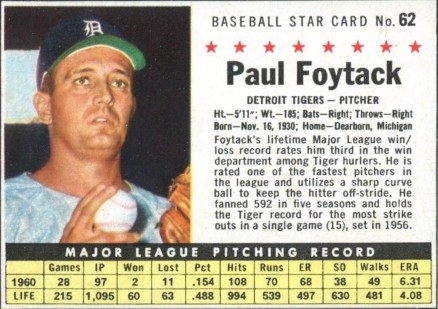 1961 Post Cereal Paul Foytack #62 Baseball Card