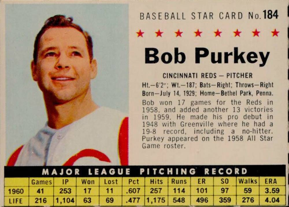 1961 Post Cereal Bob Purkey #184 Baseball Card