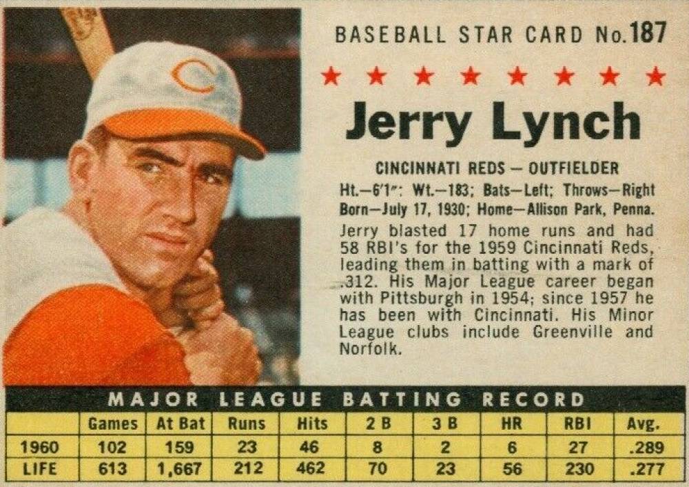 1961 Post Cereal Jerry Lynch #187 Baseball Card