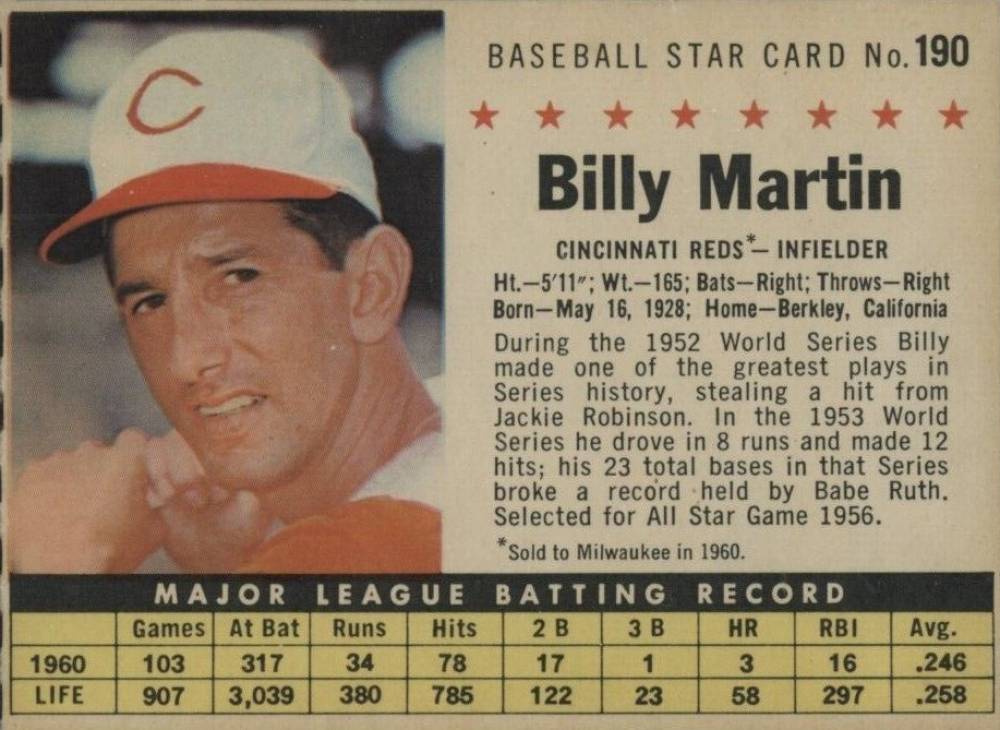 1961 Post Cereal Billy Martin #190 Baseball Card