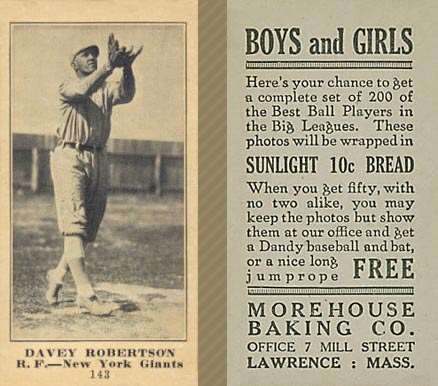 1916 Morehouse Baking Davey Robertson #143 Baseball Card