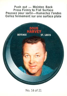 1968 O-Pee-Chee Puck Stickers Doug Harvey #14 Hockey Card