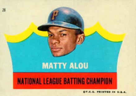 1967 Topps Pirates Stickers Matty Alou N.L. Batting Champ #28 Baseball Card