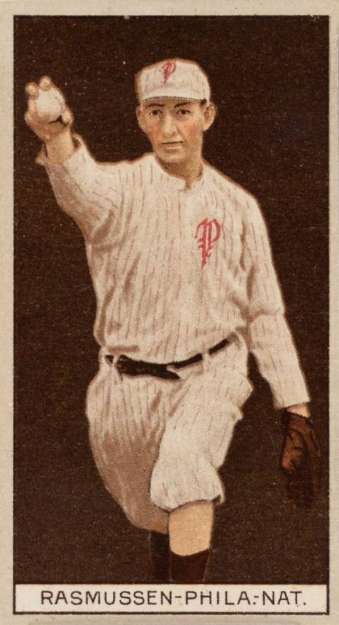 1912 Brown Backgrounds Common back Arthur Rasmussen # Baseball Card