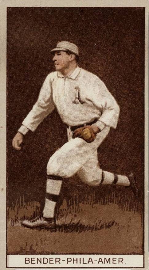 1912 Brown Backgrounds Common back BENDER-PHILA.-AMER. # Baseball Card