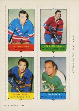 1969 O-Pee-Chee Four in One Giacomin/Beliveau/Joyal/Boivin # Hockey Card
