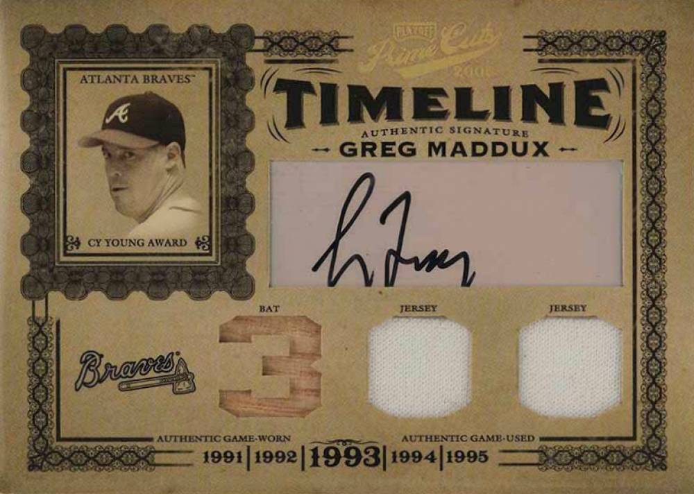 2005 Playoff Prime Cuts Timeline Signature Material Trio Stats Greg Maddux #T-4 Baseball Card