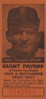 1958 San Francisco Call-Bulletin Giants Marv Grissom #10 Baseball Card