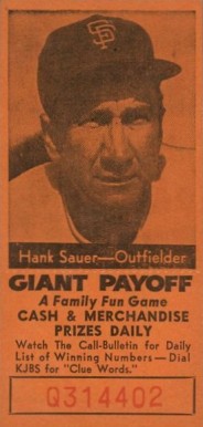 1958 San Francisco Call-Bulletin Giants Hank Sauer #20 Baseball Card