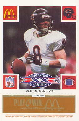 1986 McDonald's Bears Jim McMahon #9 Football Card