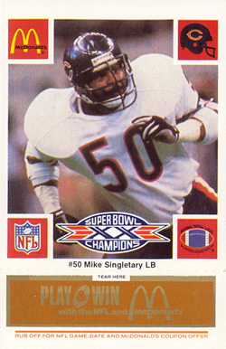1986 McDonald's Bears Mike Singletary #50 Football Card