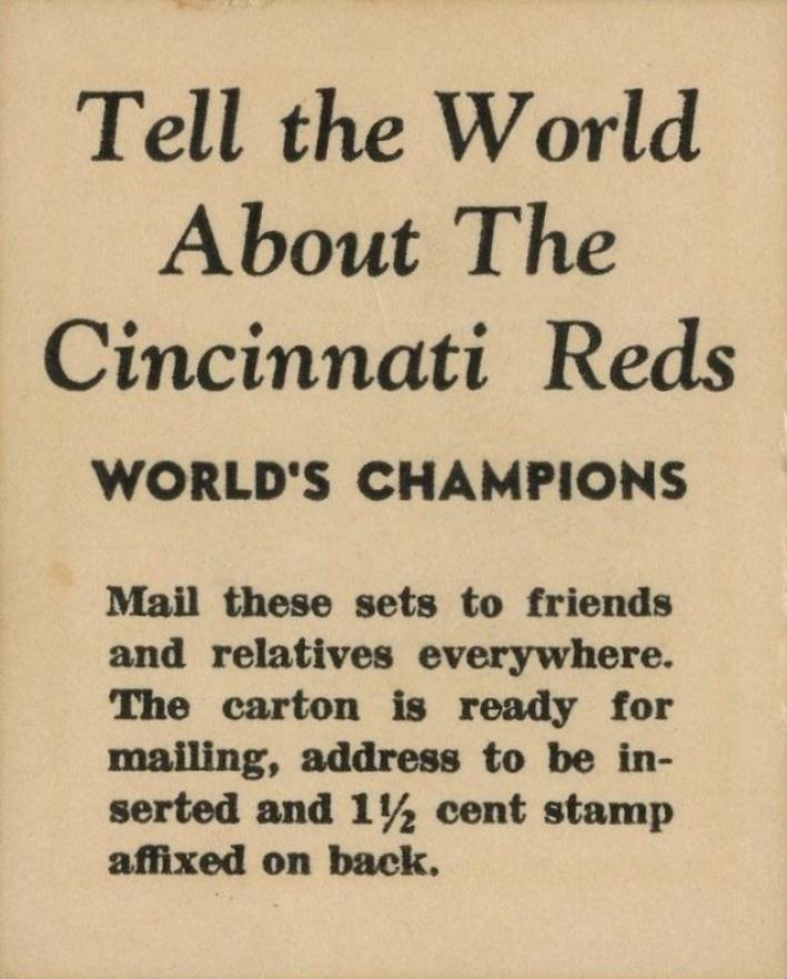 1940 Cincinnati Reds Team Issue Tell the world about the Cincinnati Reds Champions #33 Baseball Card