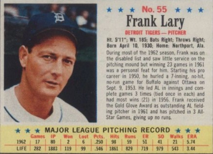 1963 Post Cereal Frank Lary #55 Baseball Card