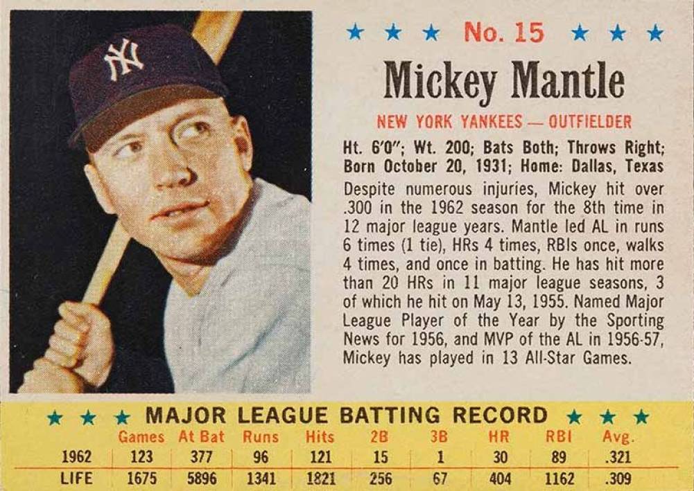 1963 Post Cereal Mickey Mantle #15 Baseball Card