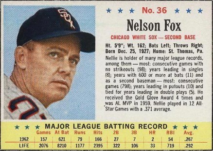 1963 Post Cereal Nelson Fox #36b Baseball Card