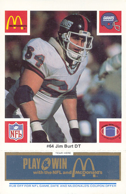 1986 McDonald's Giants Jim Burt #64 Football Card