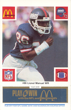 1986 McDonald's Giants Lionel Manuel #86 Football Card