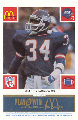 1986 McDonald's Giants Elvis Patterson #34 Football Card