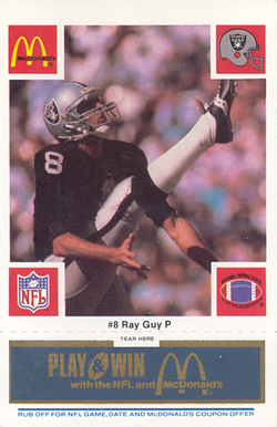 1986 McDonald's Raiders Ray Guy #8 Football Card