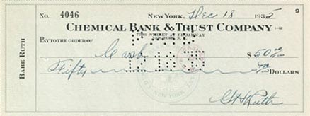 1990 Hall of Fame Autograph Bank Checks Babe Ruth # Baseball Card