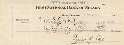 1990 Hall of Fame Autograph Bank Checks Ty Cobb # Baseball Card