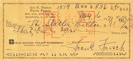 1990 Hall of Fame Autograph Bank Checks Frankie Frisch # Baseball Card