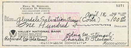 1990 Hall of Fame Autograph Bank Checks Casey Stengel # Baseball Card