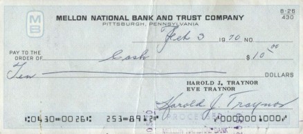 1990 Hall of Fame Autograph Bank Checks Pie Traynor # Baseball Card
