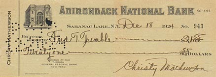 1990 Hall of Fame Autograph Bank Checks Christy Mathewson # Baseball Card