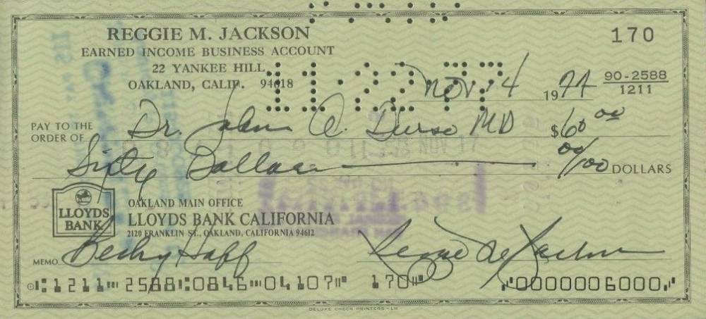 1990 Hall of Fame Autograph Bank Checks Reggie Jackson # Baseball Card