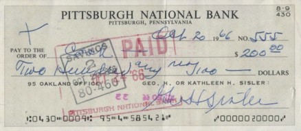 1990 Hall of Fame Autograph Bank Checks George Sisler # Baseball Card