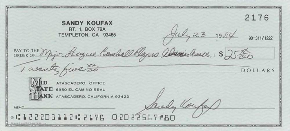 1990 Hall of Fame Autograph Bank Checks Sandy Koufax # Baseball Card